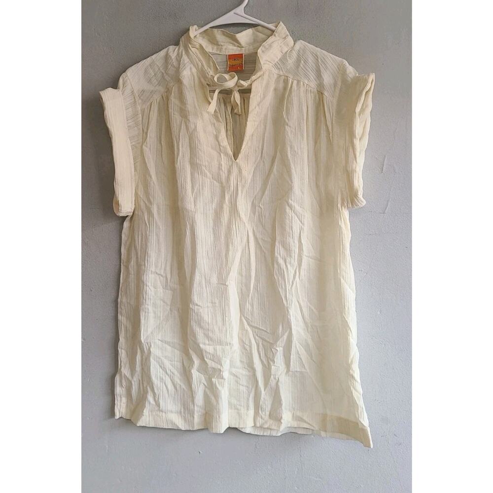 Vintage 1970s women's large XL beige cream v-neck tie sleeveless cuffed muslin